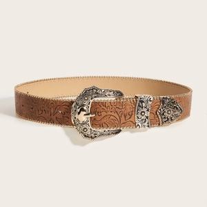 Vintage Western Cowboy Style Embossed PU Leather Belt For Women Floral Pattern Alloy Buckle Casual Fashion Waist Strap