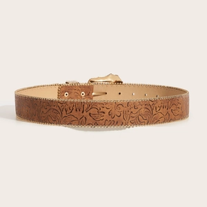 Brown floral embossed leather belt with gold metal bead trim and buckle for men