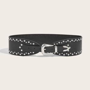 Cinturón ancho negro para mujer estilo punk con remaches plateados y hebilla metálica grabada
