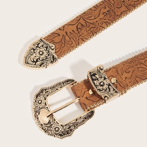 Western retro brown leather belt with floral embossing and gold engraved buckle