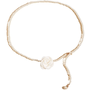 Elegant white pearl waist chain for women with a delicate silk rose and golden metal links