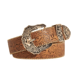 Brown western vintage leather belt with floral embossing and golden metal buckle