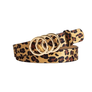 Ceinture léopard pour femmes avec boucle métallique dorée à trois anneaux stylée