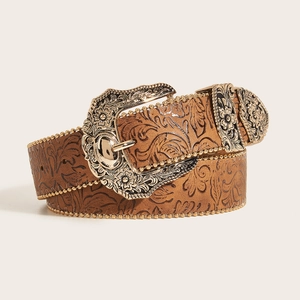 Western style floral embossed brown leather belt with vintage golden buckle and metal beads