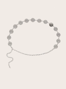 Detail of silver chain belt with embossed round metal plates and lobster clasp