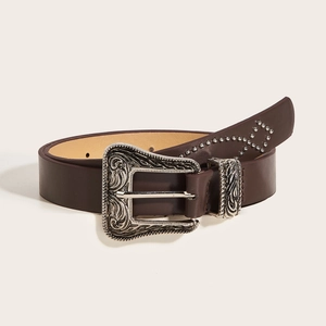 Vintage donkerbruine leren riem met bewerkte zilveren gesp en decoratieve klinknagels