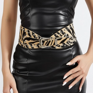 Women Fashion Wide Animal Print Belt Punk Faux Leather Waistband Silver Rivets Metal Pin Buckle Leopard Decorative Belt