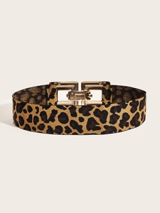 Détails de ceinture large élastique imprimé léopard avec boucles carrées dorées imbriquées