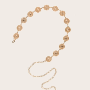 Vintage gold coin waist chain with embossed circular badges and adjustable lobster clasp