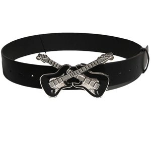 Cintura nera in pelle con fibbia decorativa a doppia chitarra in stile rock punk