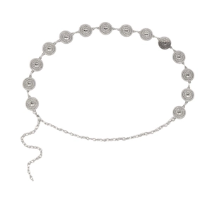 Vintage silver metal chain belt with engraved medallion discs for women's dresses