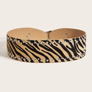 Punk style wide leopard print leather belt with silver studs and metal buckle for women