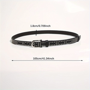 Slim punk style black leather belt for women with triple-row silver metal rivets