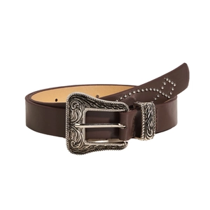 Bruine leren riem met noppen en vintage zilveren bloemengesp in cowboy-stijl