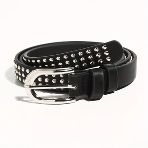Punk style black faux leather wide belt with silver rivets and metal D-ring buckle