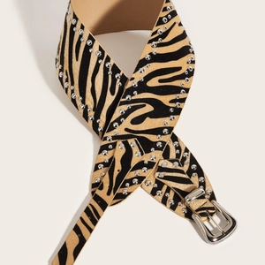 Punk style zebra print wide leather belt with silver studs and engraved metal buckle
