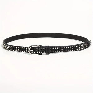 Punk style black leather belt with double row silver rivets and a classic metal buckle