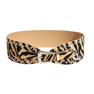 Punk style zebra print wide leather belt with silver rivets and metal buckle hardware
