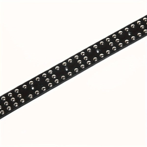 Close-up of black leather belt featuring three rows of polished silver metal rivets