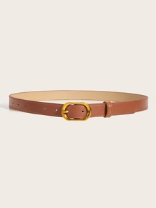 Close-up of thin brown leather belt featuring a gold oval buckle and fine edge stitching