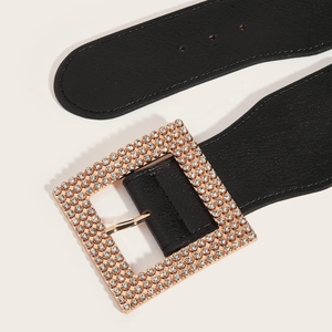 Chic wide elastic belt with large square rhinestone buckle for coats and dresses