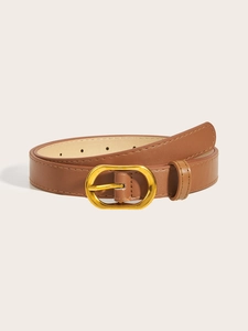 Detailed macro view of the vintage brown leather belt with elegant gold-tone oval buckle