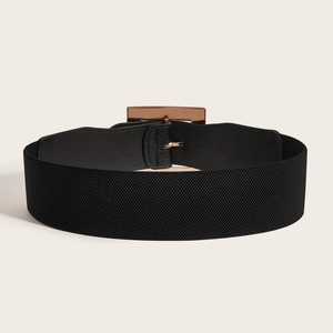 Women's wide elastic black waist belt with polished rose gold rectangular metal buckle
