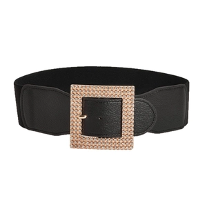 Women's wide elastic waist belt with luxury champagne gold rhinestone square buckle