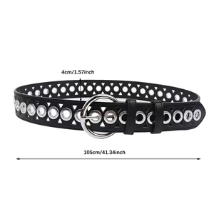 Detail view of 4cm wide punk grommet belt with silver metal rings and 105cm length