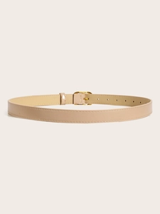 Detail of light beige leather belt with golden rectangular pin buckle and fine stitching