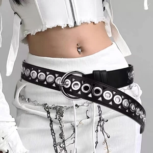 Punk black leather belt with silver eyelets and hollow triangle patterns for jeans