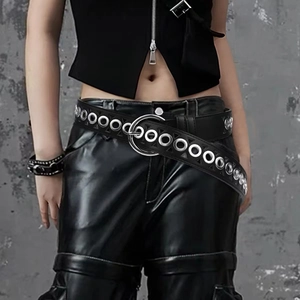Women Punk Style PU Leather Belt Double Row Metal Grommet Hollow Triangle Decorative Waistband Round Buckle Black