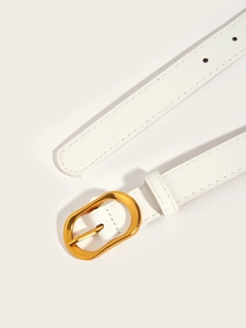 Close-up of white leather belt with oval gold metal buckle and neat stitching detail