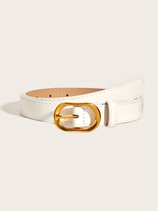 Detailed shot of white leather belt with gold oval buckle and fine stitching details