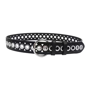 Punk style double grommet black faux leather belt with silver hardware for jeans