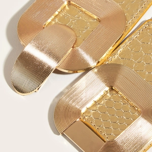 Elastic waist belt for women with gold snake texture buckle and rectangular metal frame