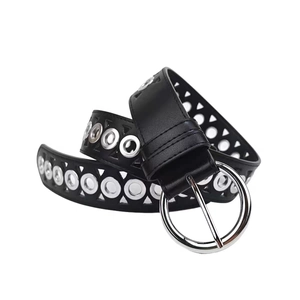 Punk style black leather belt with double row silver grommets and round metal buckle