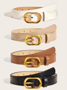 Detailed view of slim leather belts in white, apricot, brown, and black with gold oval buckles