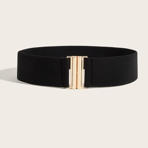 Women's wide black elastic belt with a minimalist rectangular gold metal buckle