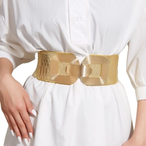 Chic gold wide elastic waist belt for women with embossed texture and metal buckle