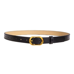 Minimalist black leather belt for women featuring a polished gold oval buckle