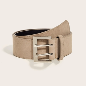Vintage wide suede waist belt with square silver double-pin buckle for women in khaki