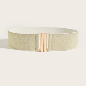 Detail of wide elastic gold waist belt showing metallic texture and double cylinder buckle