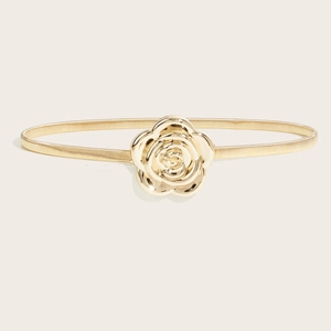 Elegant gold metal spring waist belt featuring a large 3D rose buckle for dresses