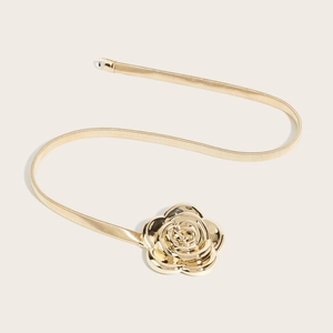 Elegant gold elastic metal belt for dresses featuring a 3D rose flower buckle design