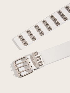 Detailed close-up of white punk style leather belt with silver double-pin buckle and eyelets