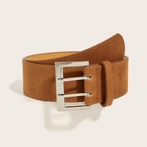 Vintage brown wide waist belt with square silver double-prong buckle on white background