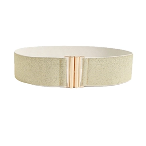 Women's wide elastic waist belt in champagne gold with elegant vertical metal buckle closure