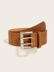 Detail of brown suede leather wide belt featuring a vintage silver double-pin square buckle
