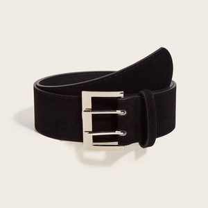 Retro black suede wide waist belt with a vintage silver square double pin buckle